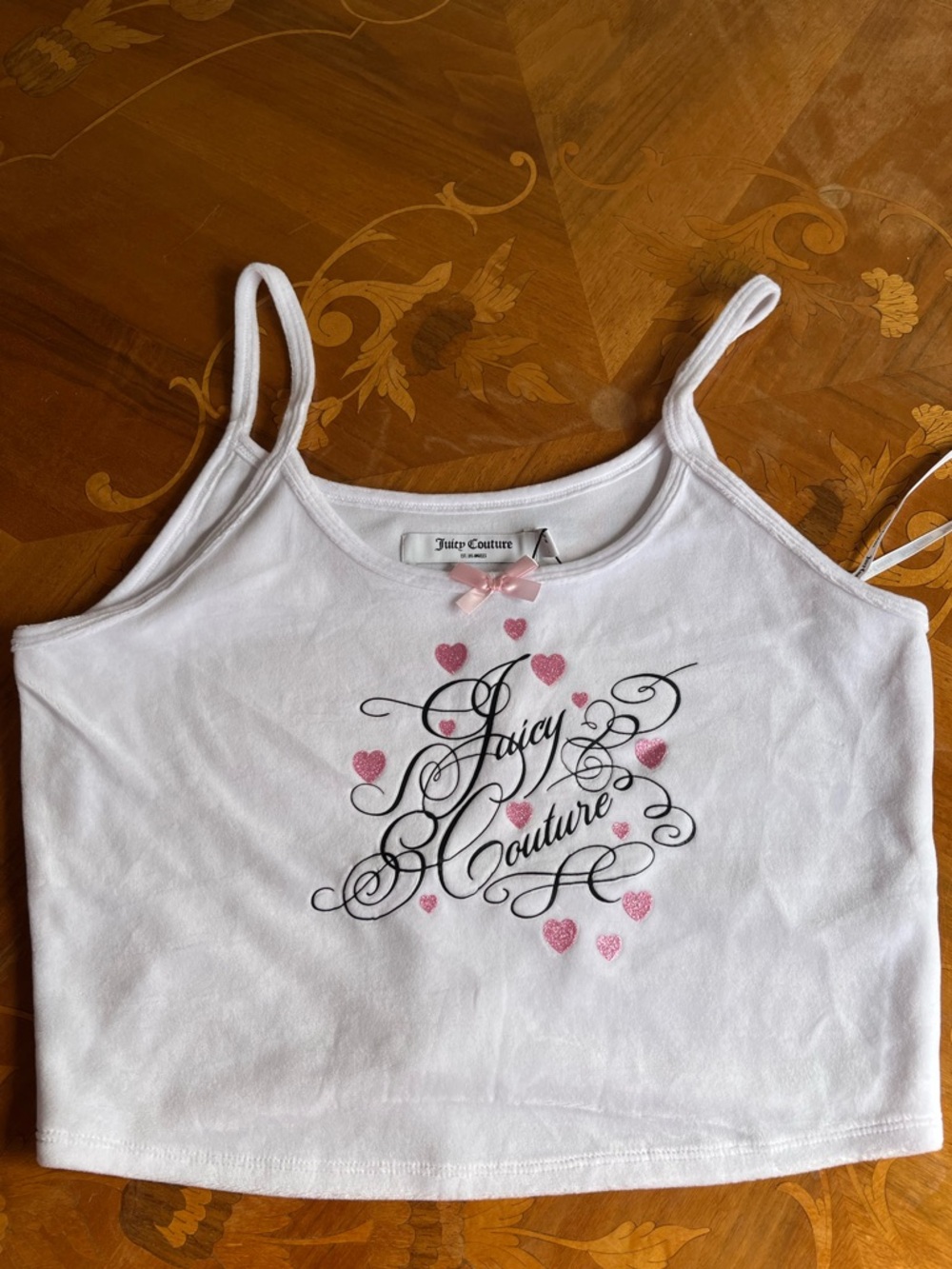 Juicy Couture White Tank with Pink Glitter Hearts and Black Logo